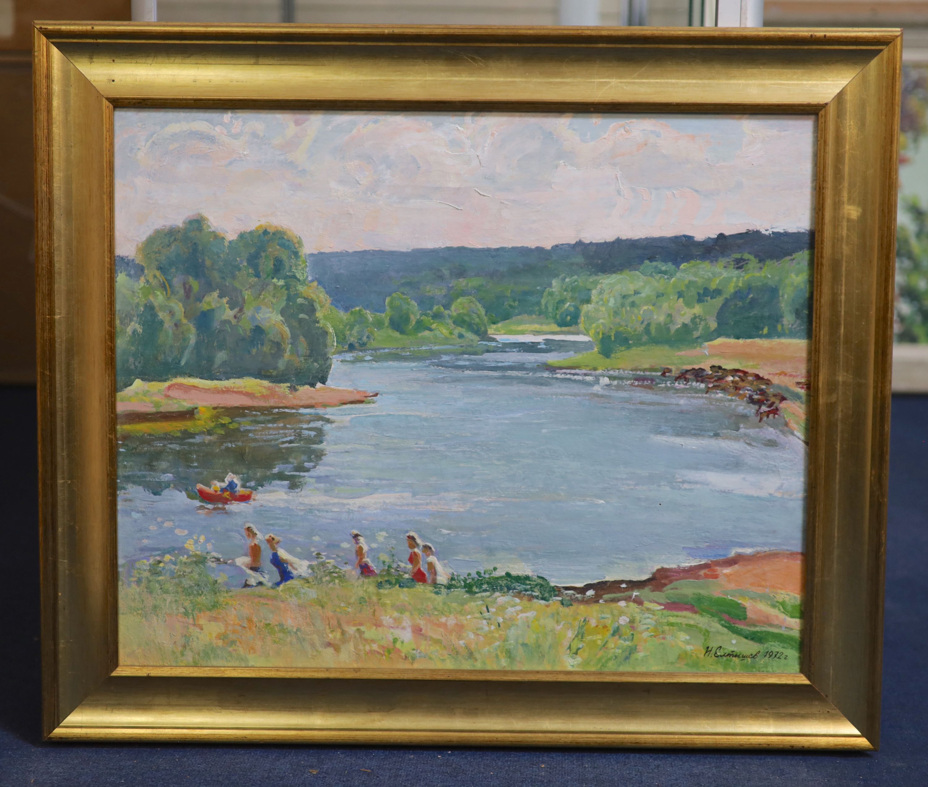 Nikolai Eltyshev (Russian), oil on canvas, Fun by the river, signed and dated 1972, 54 x 67cm